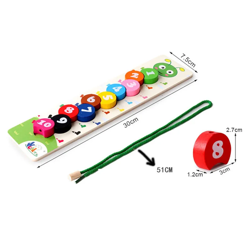 Деревянные Обучающие Детские игрушки с разноцветными цифрами и нитью гусеницы