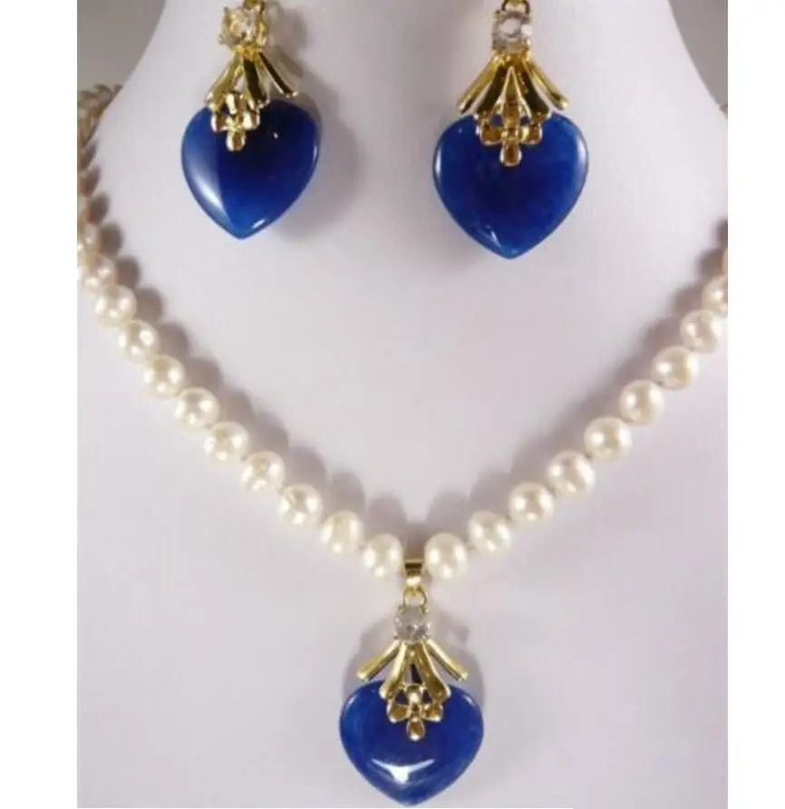 

Free Shipping charm 7-8mm white pearl necklace 17"& blue jade heart jades earring pendant