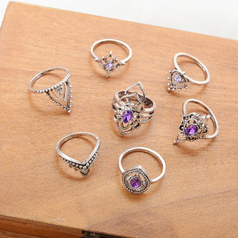 7 шт./компл. Модные женские панковские винтажные кольца с голубым драгоценным