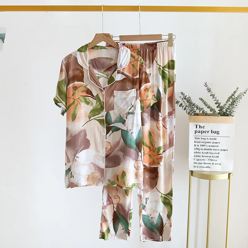 

New Short-sleeved Trousers Pajamas Women Summer Rayon Print Pijamas Thin Soft Comfortable Sleepwear 2 Piece Home Sexy Nightwear