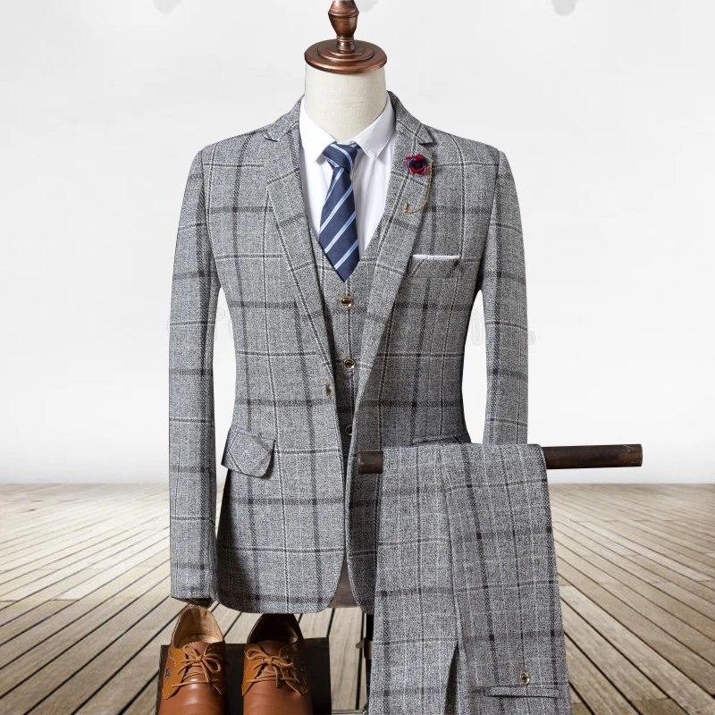 

2021 men's slim suit, high-end business plaid suit jacket, men's wedding banquet dress three-piece (Jacket + vest + pants)