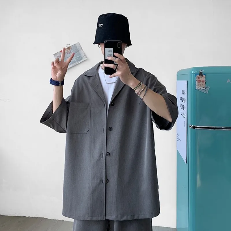 

Korean Style Men's Set Suit Jacket with Shorts Summer Men Clothing Harajuk Oversized Short Sleeve Shirt Knee-Length Pant for Men