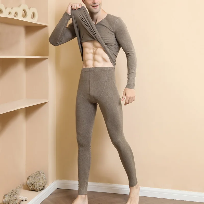 

Комплект мужского термобелья, тянущиеся облегающие кальсоны, однотонная одежда, домашняя одежда, черный и серый цвета, Осень-зима