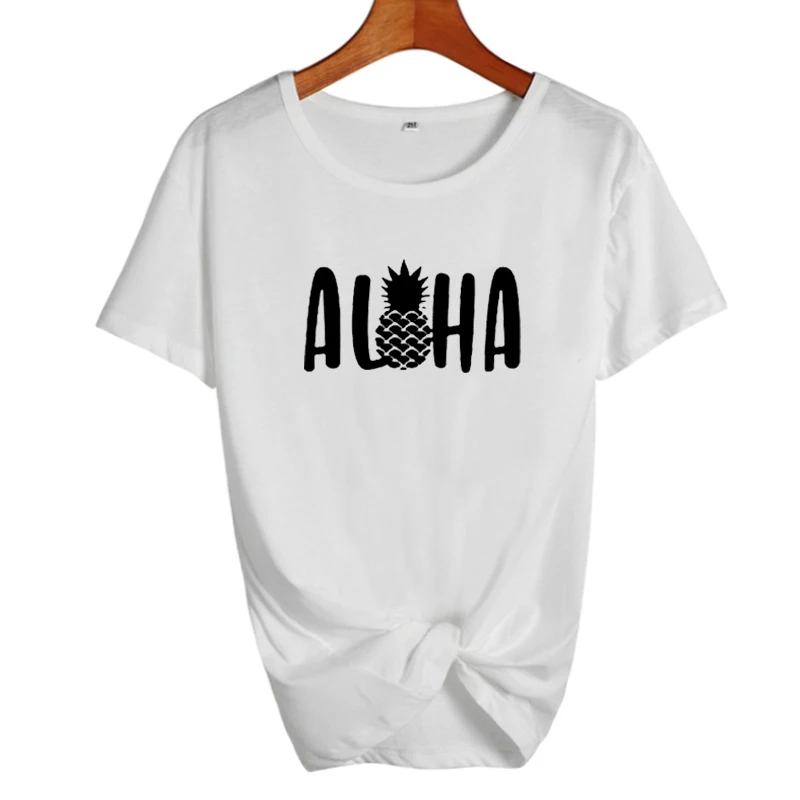 Надпись "Алоха Гавайи" Harajuku tumblr футболка летние хлопковые топы женские футболки с принтом ананаса каникулы Графические футболки черные белые футболки - Цвет: white-black