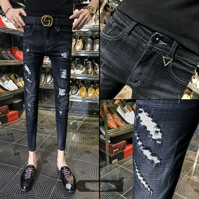 NEW spring autumn skinny strech Casual ripped hole fashion black teenagers hip hop cowboy denim leg jeans men pencil pants - Цвет: 804