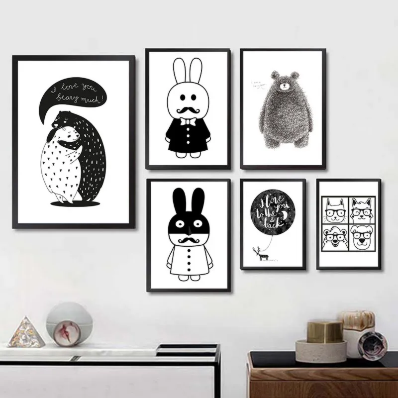 Черно-белый постер с животными в скандинавском стиле Ptinnts милый кролик панда