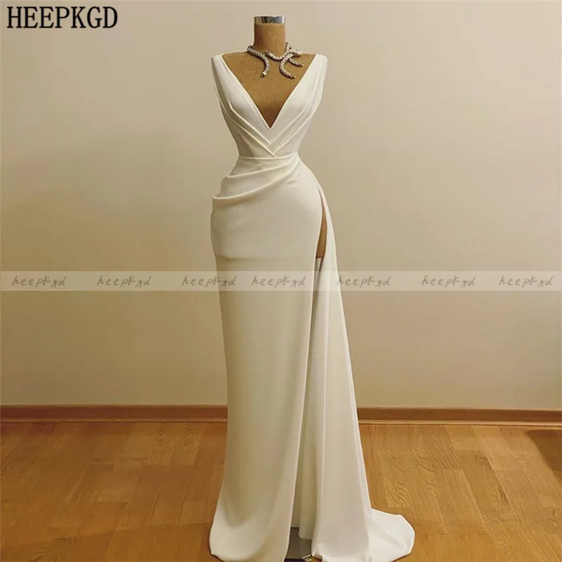 

White Sexy Long Prom Dresses High Slit V Neck Elastic Satin Plus Size Wedding Party Gown Customize Women Formal Dress Cheap
