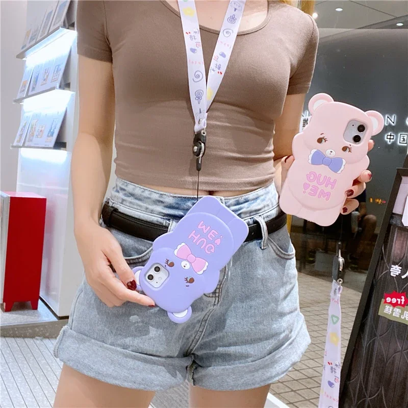 

3D Cartoon Silicon Bow Tie Bear Phone Case for Iphone 7 8 Plus X XR XS 11 12 Pro Max Shockproof Cover Capa With Lanyard Fundas