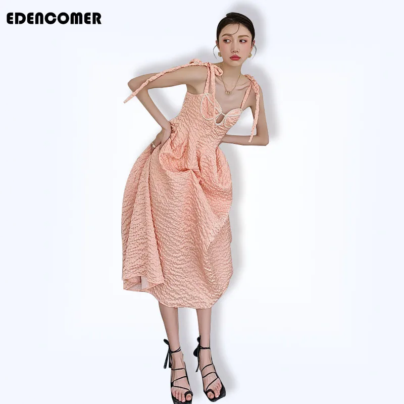 

French Retro Design Gentle and Sweet Fairy Puffy Princess Suspender Dress Female 2021 Spring and Summer Pink Vestidos Mujer