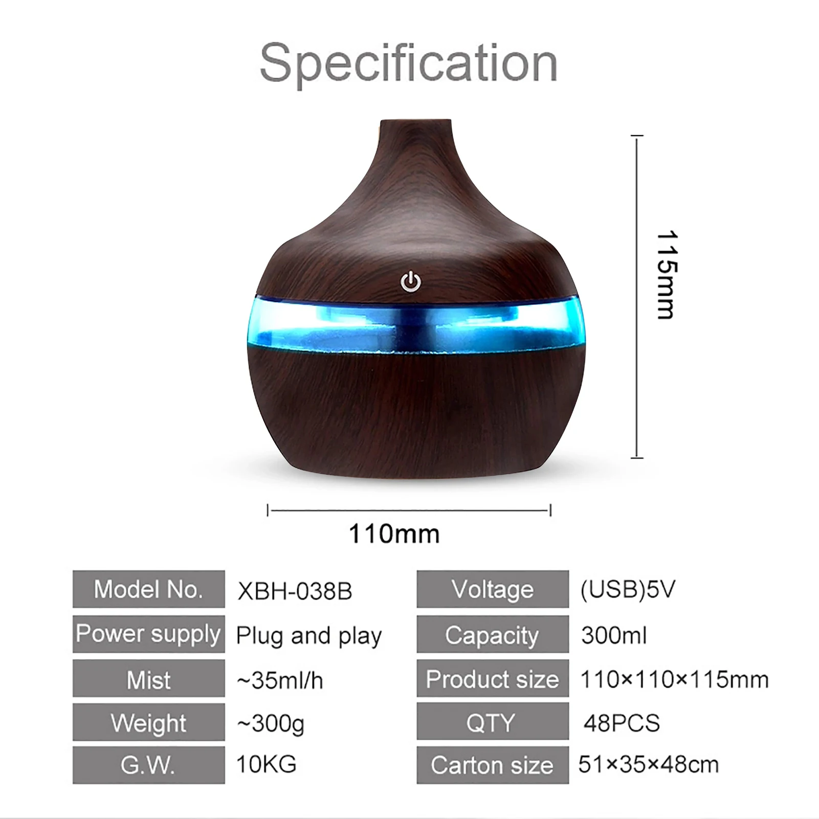 

300ML Essential Aroma Oils Diffuser 5V Electric Humidifier Wood Grain Colorful Luminous Air Humidifier USB Mini Mist Maker
