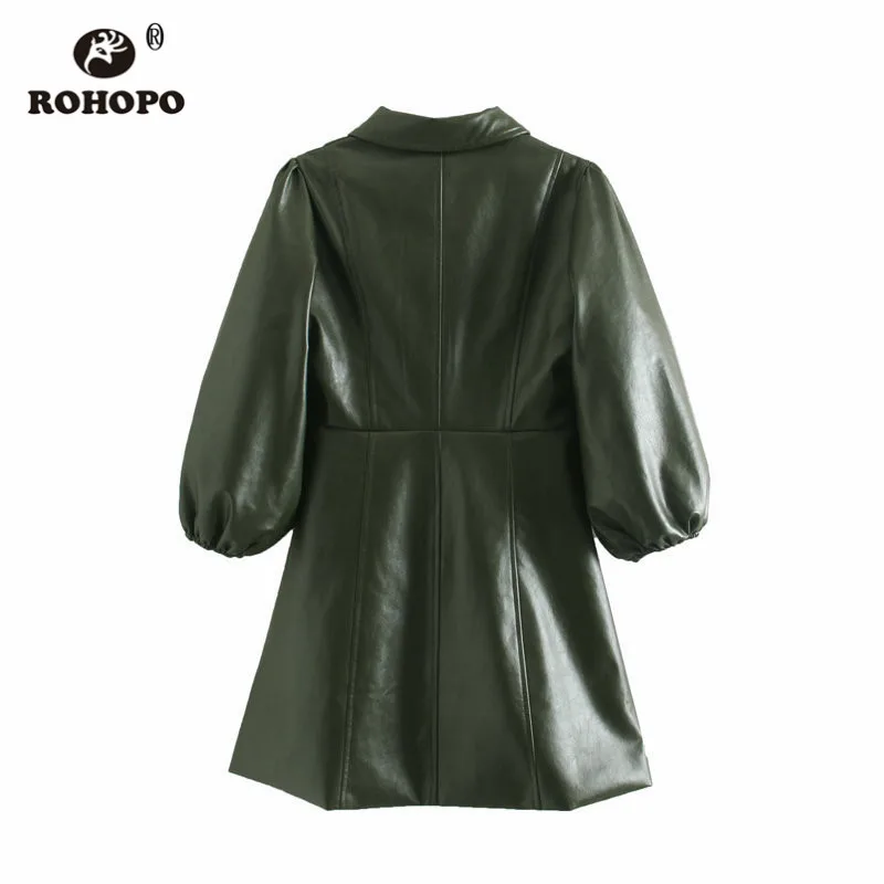 ROHOPO Пышное мини-платье из искусственной кожи с коротким рукавом зеленого цвета