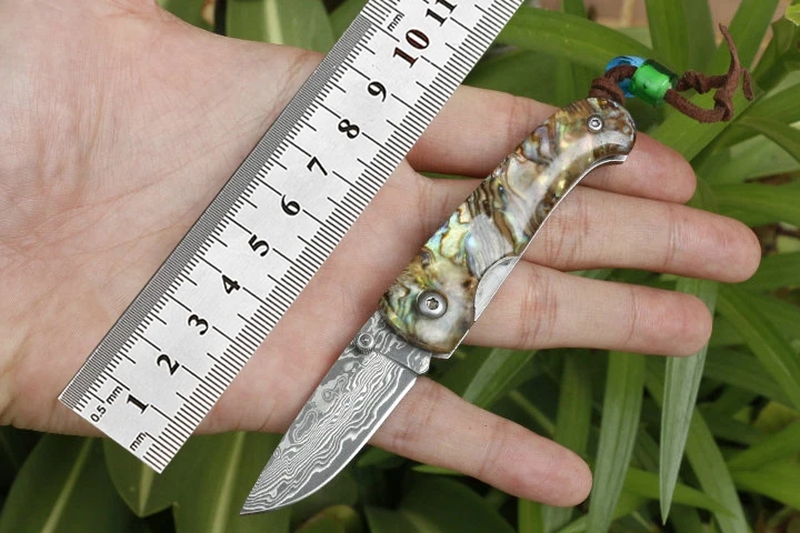 

Damascus Steel Abalone Handle Mini Pocket Folding Knife Outdoor Survival Knife Hiking Self-Defense Camp Knives EDC Gift Knife