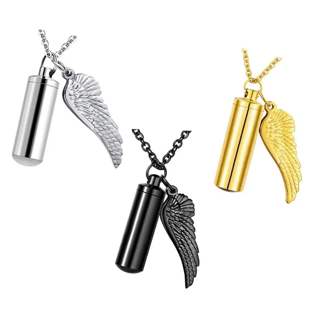 

3 colors Cylinder Cremation Urn Necklace for Ashes Memorial Keepsake Pendant with Angel Wing Stainless Steel Remembrance Jewelry