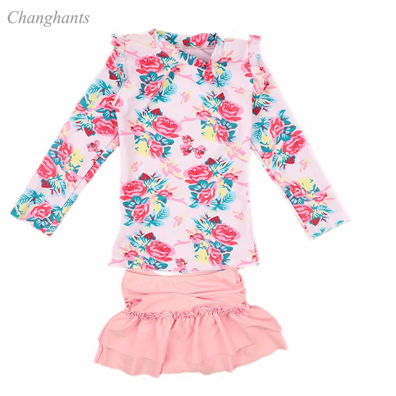 sw1418 Коллекция года, новая модель, купальник из двух частей детский купальник с цветочным принтом, купальный костюм с длинными рукавами для девочек Детская летняя одежда для отдыха - Цвет: sw1418
