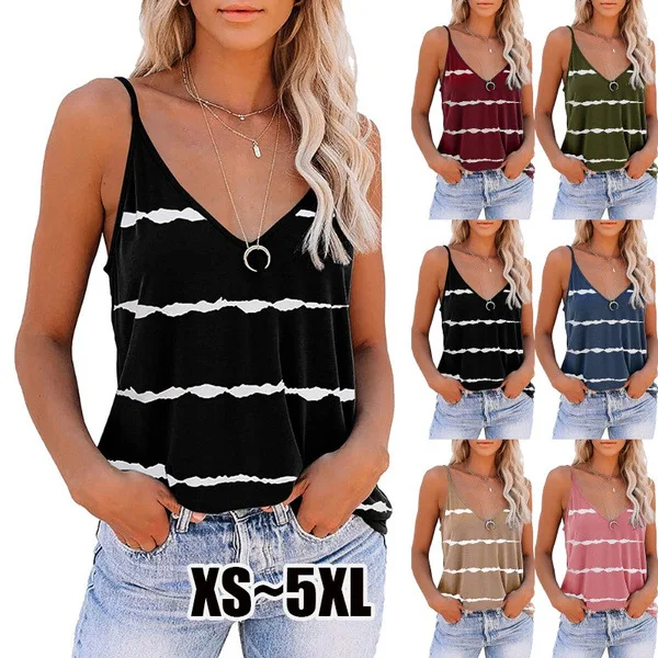 

Women Vest Top Sexy V Neck Sleeveless T Shirt Stripe Printing sleeveless Shirt Fashionable Sexy Plus Size tshirt top S-5XL