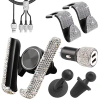 5pcs shiny car accessories set bling rhinestone kit w dual usb car charger air vent phone mount 3 in 1 charging cable and hooks