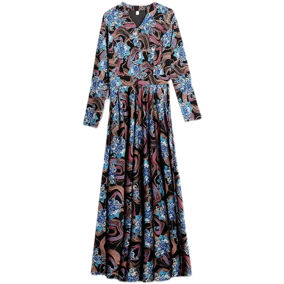 

Autumn Winter Boho Floral Print V-Neck Beach Dress Women Fashion Casual Big Swing Party Long Dresses Vestidos Female Mujer