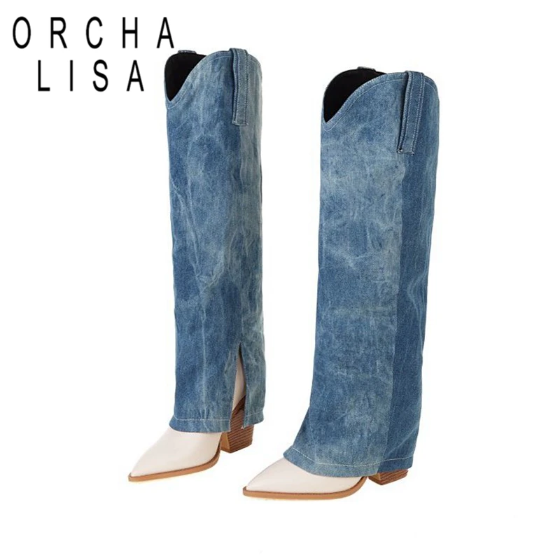 

ORCHA LISA New Fashion Tube Knee High Boots Pointed Toe Wedge Block Heel Denim Zipper Plus Size 34-43 Patchwork Winter S2654