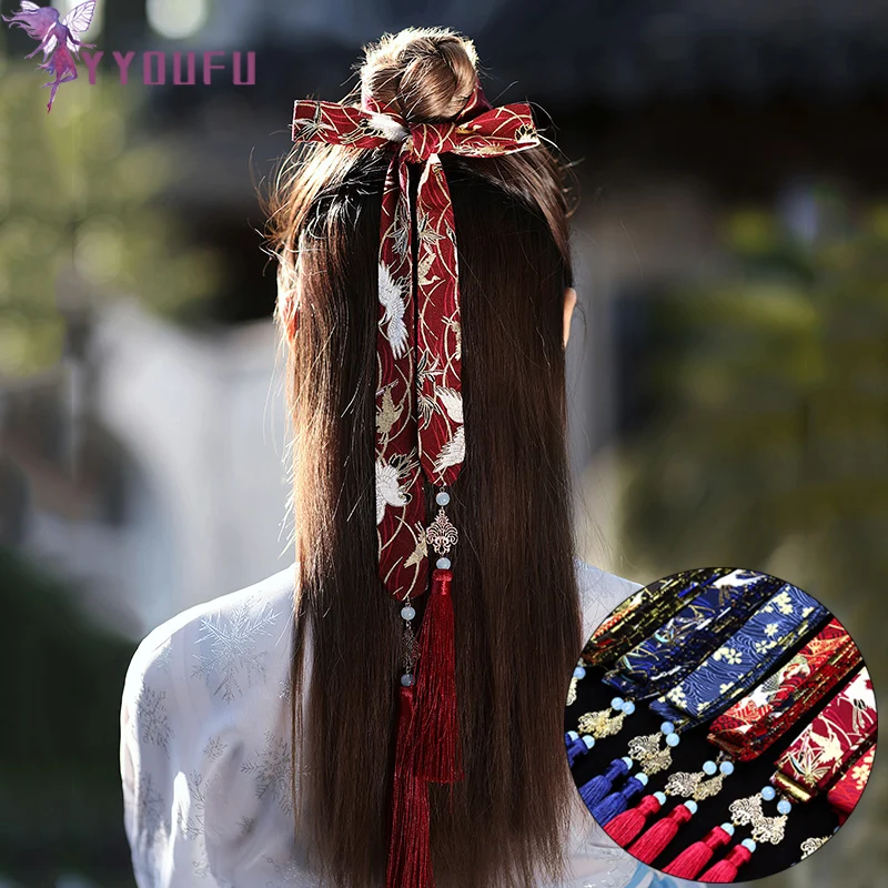 Женская атласная повязка на голову винтажная шифоновая с вышивкой в китайском