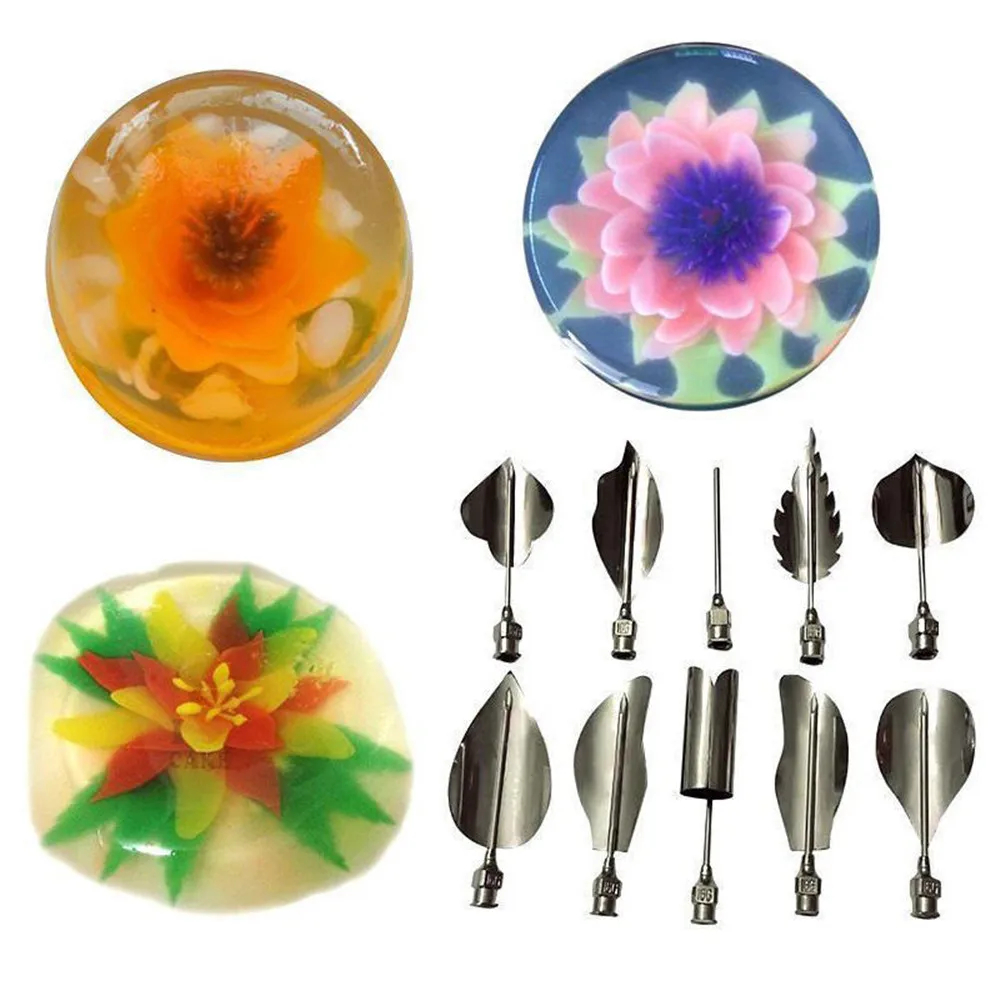 

10pcs 3d Jelly Flower Art Tools Stainless Steel Jelly Cake Gelatin Pudding Mold Nozzle Syringe Nozzle Set Cake Decorating Tools