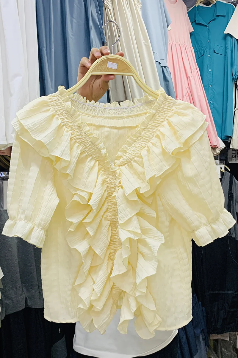 

Elegant Solid Color Women Shirt Blouse 2021 Summer New Korean Ruffled V-neck Short Sleeve Loose Blusas Female Pullover Crop Tops