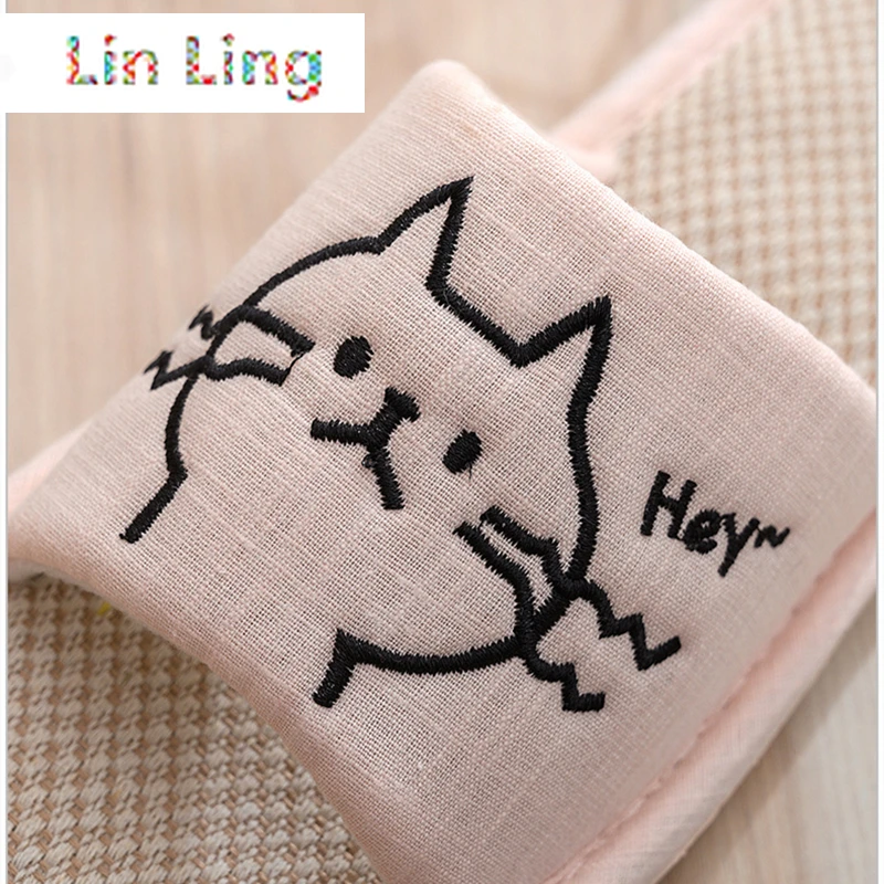 

House Couples Hemp Flax Slippers Cartoon Cats Bedroom Breathable Flat Ladies Shoes Non-slip Indoor Women Hemp Cat Slides