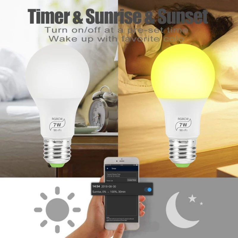 

E27 7W WiFi Smart Light Bulb LED RGB Lamp Dimmable Timer Function Magic Bulb Remotely Voice Control Work with Alexa/Google Home