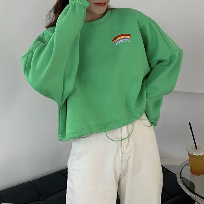 

Hoodies Women O-neck Long Sleeve Rainbow Embroidery Loose Sweatshirt Autumn Sweet Cute Tops Ladies Cropped Sweats Pullovers