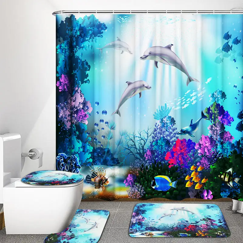 

1/3/4 Pcs Sea Style Dolphin Waterproof Shower Curtain Set Toilet Cover Mat Bathroom Non-Slip Mat Pedestal Rug Kit