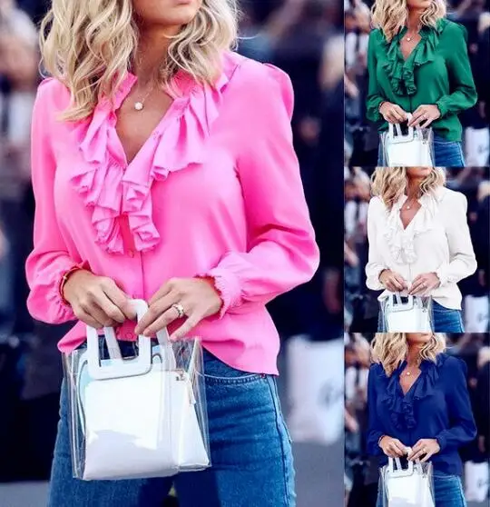 Женская винтажная блузка с оборками Свободная Повседневная Блузка длинным