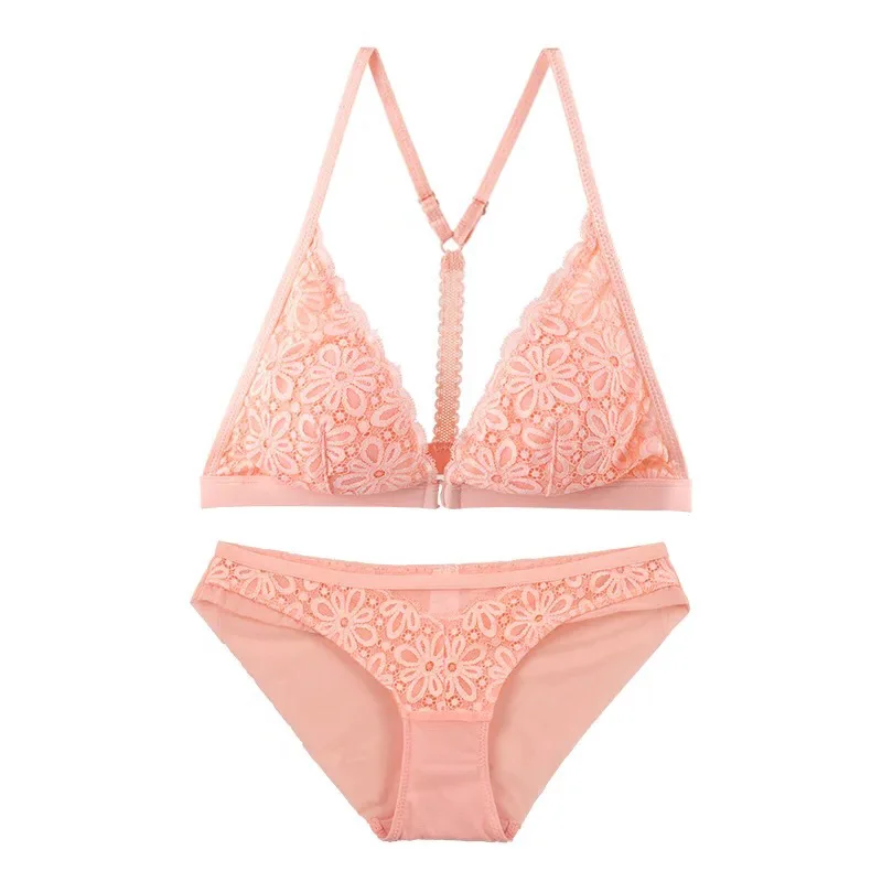 

Sexy Front Button Lace Bra Set Women Triangle Cup Thin Breathable Bra with Panties Transparent Lingerie