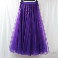 purple skirt women autumn and winter elastic high waist mid length high end sequined gauze skirts lady outwear jupe femme 2022