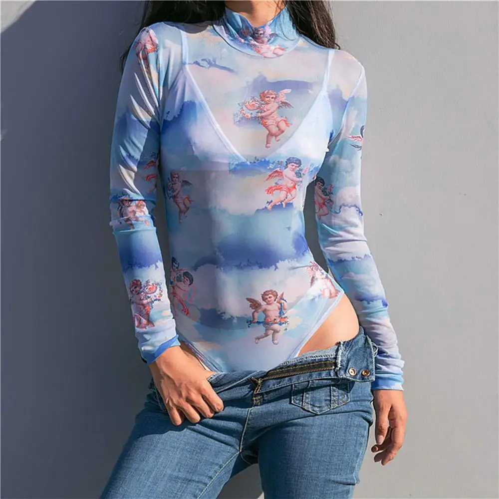 

Women Sexy See Through Sheer Angel Print Long Sleeve Skinny Bodysuit Romper