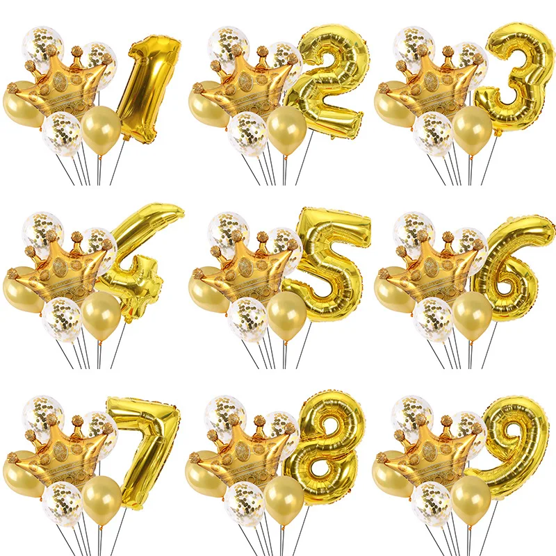 

7pcs Gold Number Balloons Foil Crown Birthday Balloon ballon anniversaire for Kids Birthday Wedding Party Decoration Baby Shower
