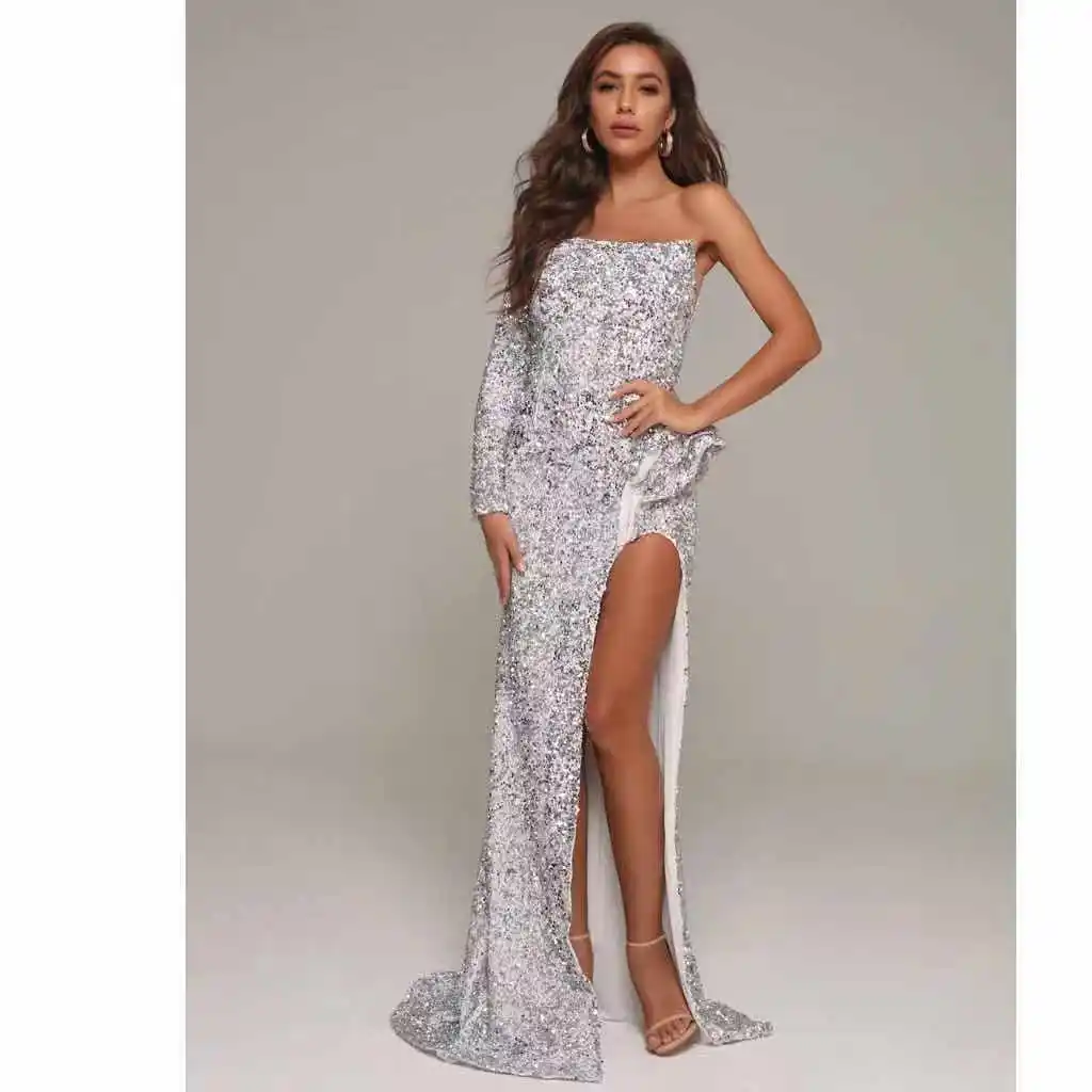 

Женское длинное платье с лямкой на шее, модное элегантное платье с открытыми плечами и блестками, платье в пол для банкета