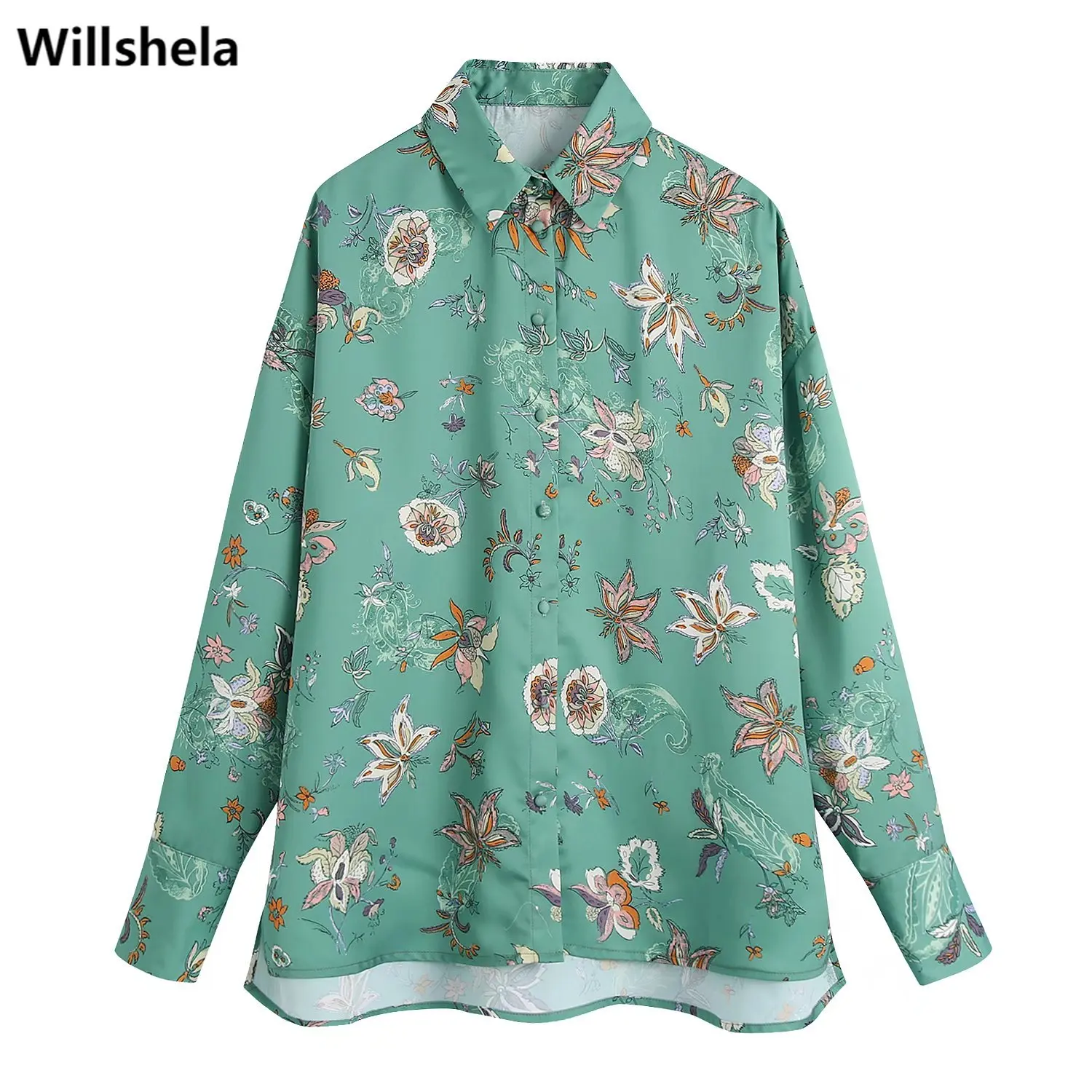 

Willshela Women Fashion Floral Printed Shirt Single Breasted Long Cuff Sleeves Lapel Collar Vintage Woman Chic Tops Blouse