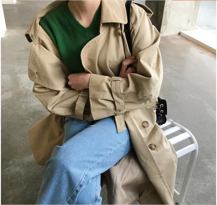 Женский Осенний двубортный длинный плащ с длинным рукавом женский прямой