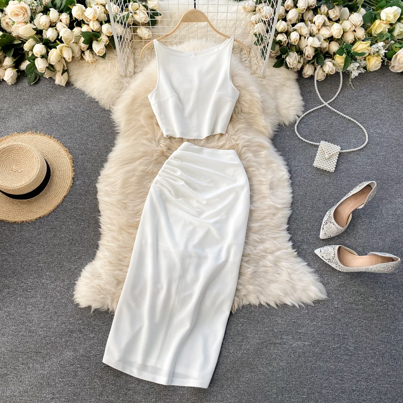 

Summer 2021 New Temperament 2 Pcs Women Set O Neck Sleeveless Short Shirt + High Waist Hip Split Skirt Slim Suit