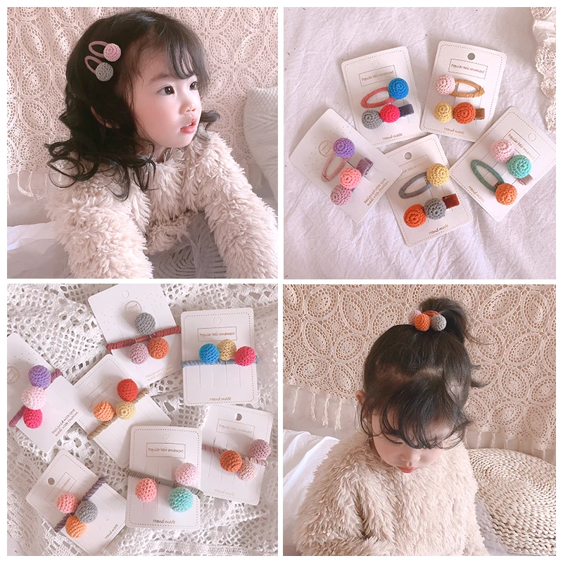 

2020 New Accessories hair Children's hair ornament colorful handmade wool ball rubber band Kids hairpin