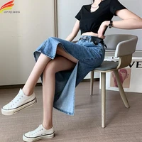 dfrcaeg high waist women denim skirt long 2021 spring side split korean casual blue black jean skirts for ladies free belt