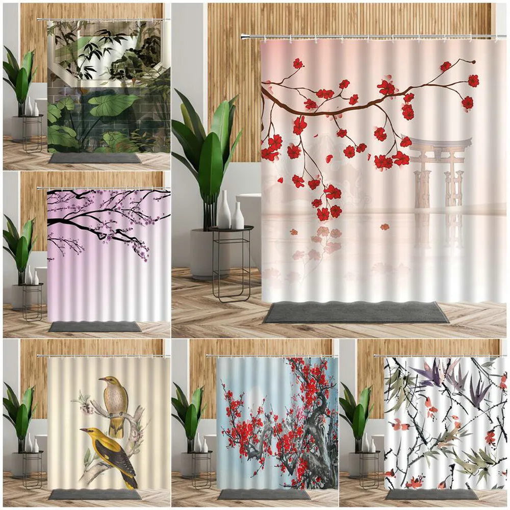 

Chinese Ink Painting Shower Curtain Zen Flower Bird Classical Plum Blossom Bamboo Lotus Bathroom Screen Waterproof Bath Curtains