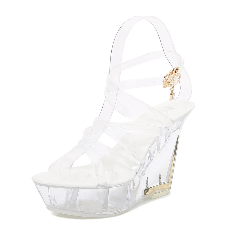 

Summer Transparent Platform Wedge Platform Pumps Sexy Peep-toe Ankle Buckle Ladies High Heel 10CM Women's Cross Straps Sandals