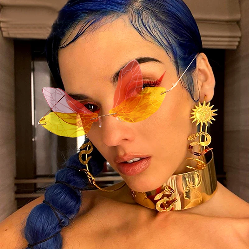 УНИКАЛЬНЫЕ Солнцезащитные очки без оправы со стрекозой розового и желтого цвета