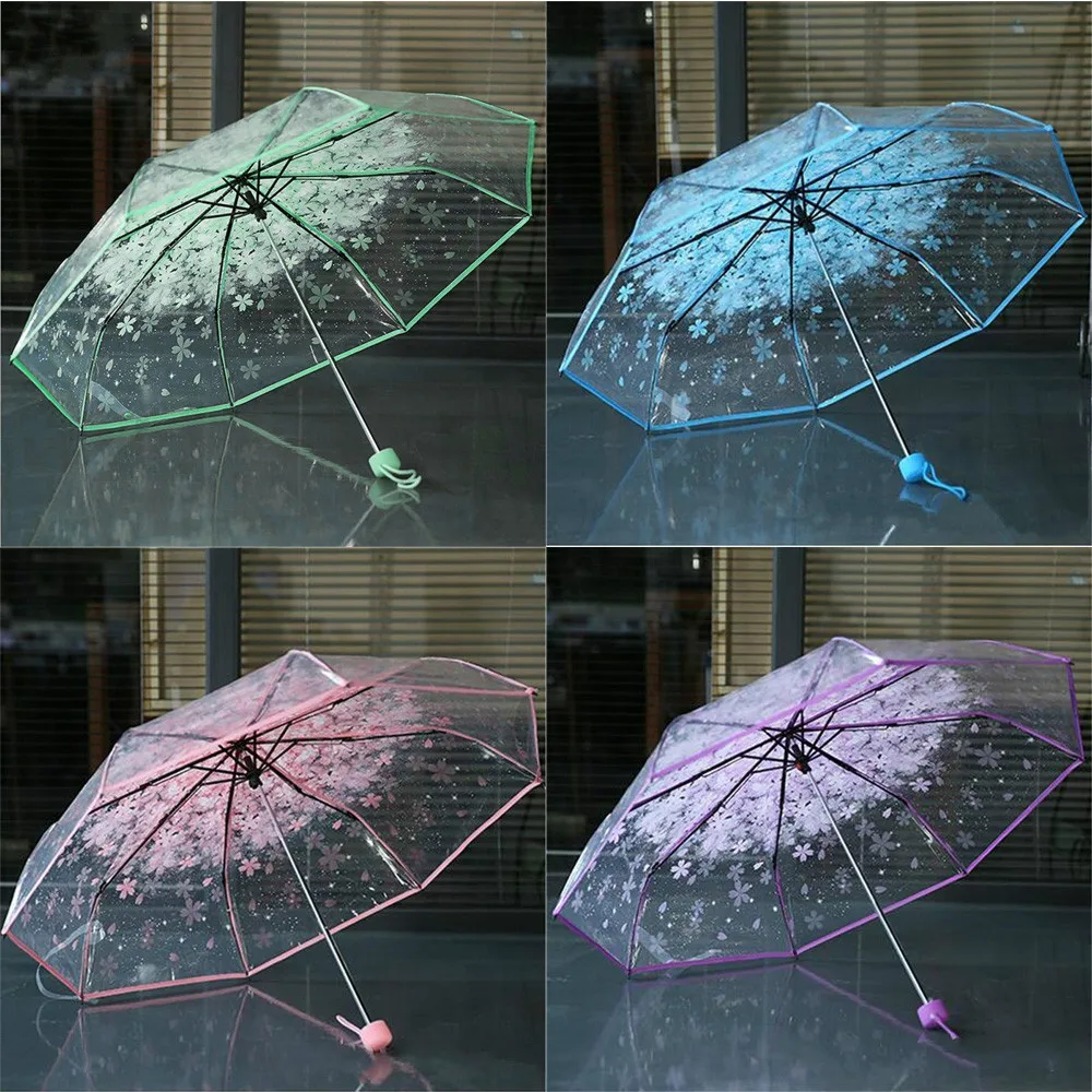 

Прозрачный Многоцветный прозрачный зонт, креативный с длинной ручкой в виде цветущей вишни, гриба, Аполлона, сакуры, 3 сложения