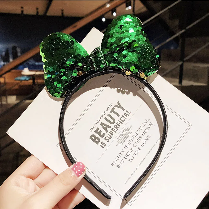 green bow Новые милые разноцветные Блестки для девочек с бантом и кошачьими ушками, ободки для волос, прекрасный орнамент для волос, праздничный обруч, модные детские аксессуары для волос - Цвет: green bow