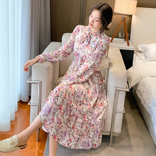 

2021 New Long Sleeve Floral Chiffon Dress With Lining Spring Autumn Bow Single Breasted Pleated Bottoming Female Vestidos