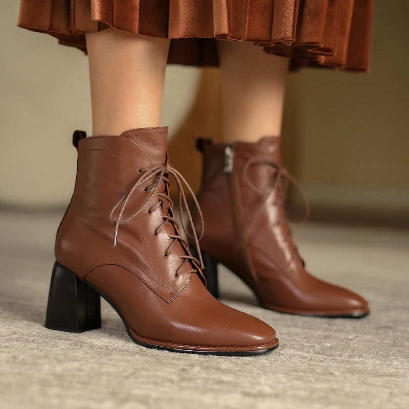 Harga Ukuran 34-39 Fashion Wanita Semata Kaki Kualitas Tinggi Kulit Asli Buatan Tangan Musim Gugur Musim Dingin Boots Cross-Tied Sepatu Hak Tinggi Sepatu Bot
