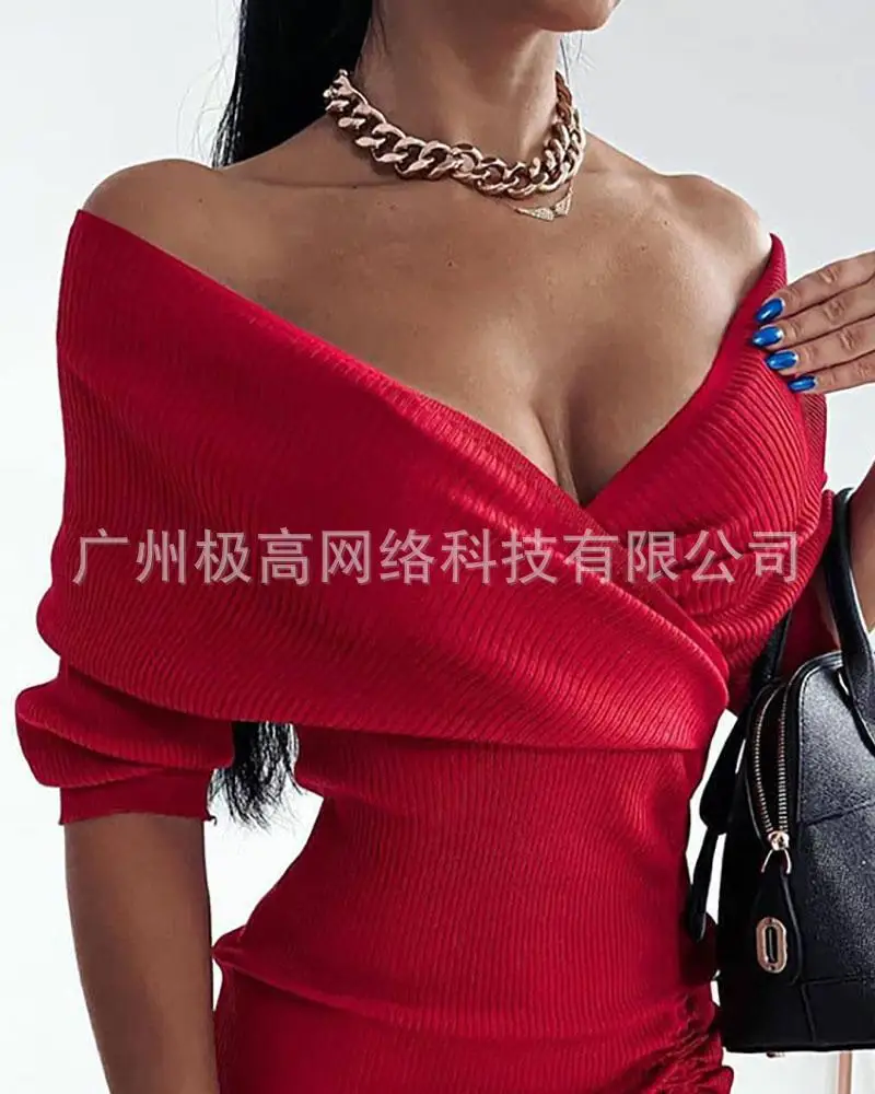 

WEPBEL Autumn Short Sleeve V-neck Off-Shoulder High Waist Slim-Fit Dress Women's Sexy Solid Color Pleated Irregular Dress