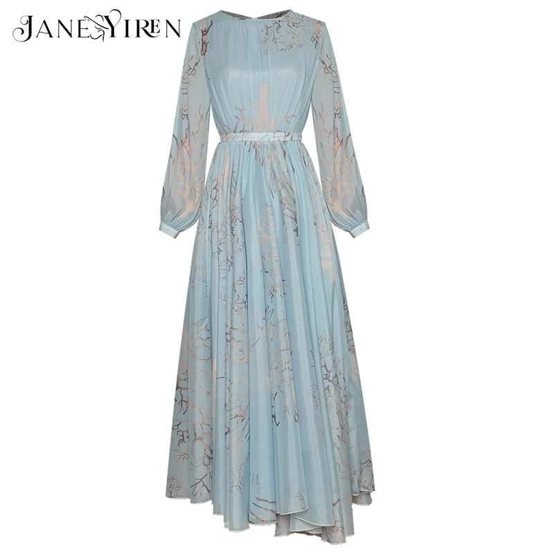 

Janeyiren Fashion Designer dress Spring Women's Dress Lantern Sleeve Vintage Printed Asymmetrical Dresses