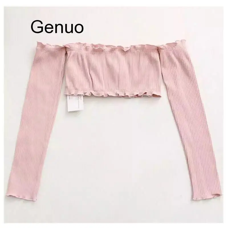 

Sexy Ruffles Elastic Slash Neck Tee New Women Off Shoulder Hollow Out Long Sleeve Short T-shirt Crop Top 3 Colors